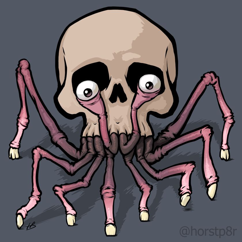 A drawing of a skull with spindly spider legs coming out of its teeth sockets and tipped off with a tooth each. Two pedipalps coming out of the front teeth sockets are tipped with eyes held up in front of the skull's eye sockets.