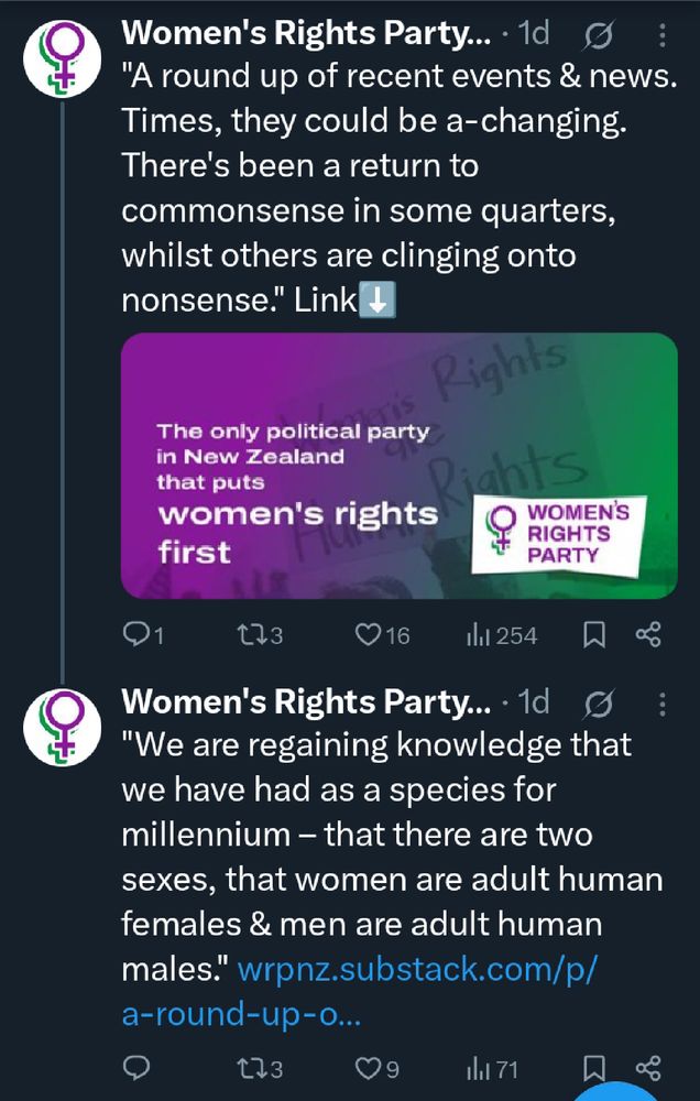"A round up of recent events & news. Times, they could be a-changing. There's been a return to commonsense in some quarters, whilst others are clinging onto nonsense

The only political party in New Zealand that puts women's rights first 

Women's Rights Party...  "We are regaining knowledge that we have had as a species for millennium — that there are two sexes, that women are adult human females & men are adult human males."