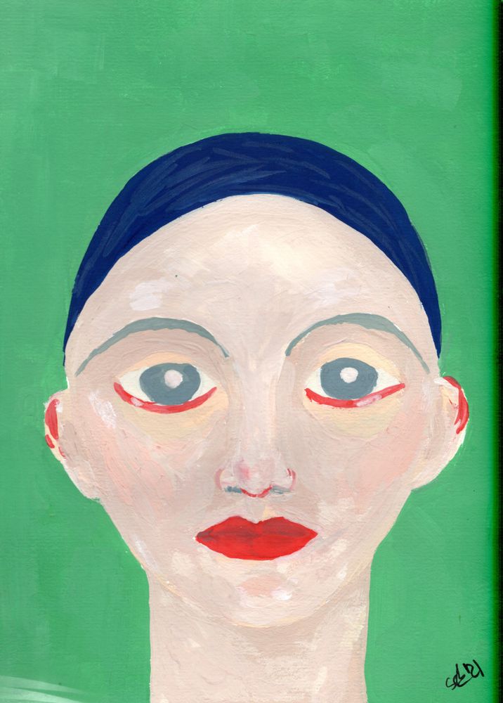 Stylized face with big eyes and a blue cap instead of hair. Bright green background and as highlights red lips, and lower eyelids. Grey eyes with white irises. Gouache. 