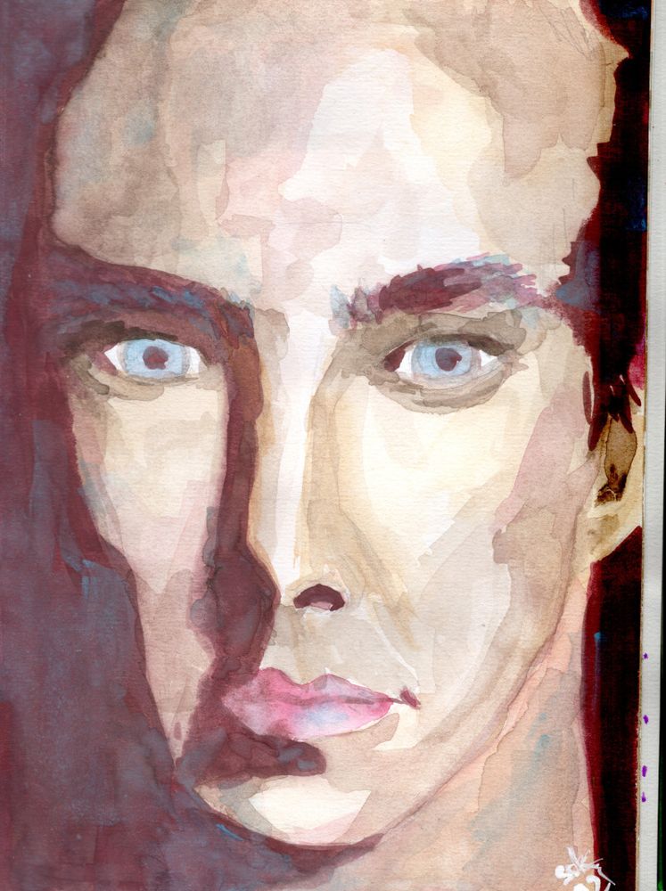 Slightly stylized watercolor portrait with high contrast in Light and shadow. You can basically only see the face with pink lips and blue eyes. 