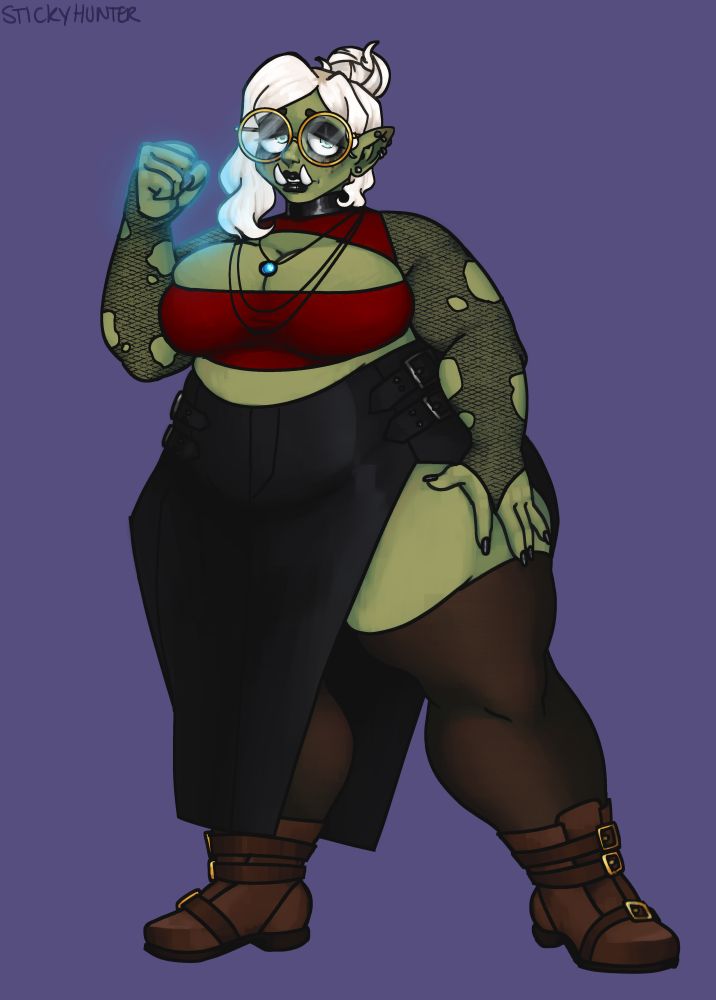 Mirel. the style is very chunky and rectangular in the brushwork. they are an orc with long tusks, their visible ear has various piercings. They have spherical glasses and look tired, her long blonde hair is put up in a messy bun. They have dark goth makeup on, the eye makeup is running. They have a leather-ish skirt on wiht a high slit, thigh highs and brown buckled boots on. They have a fist raised with a blue aura around it