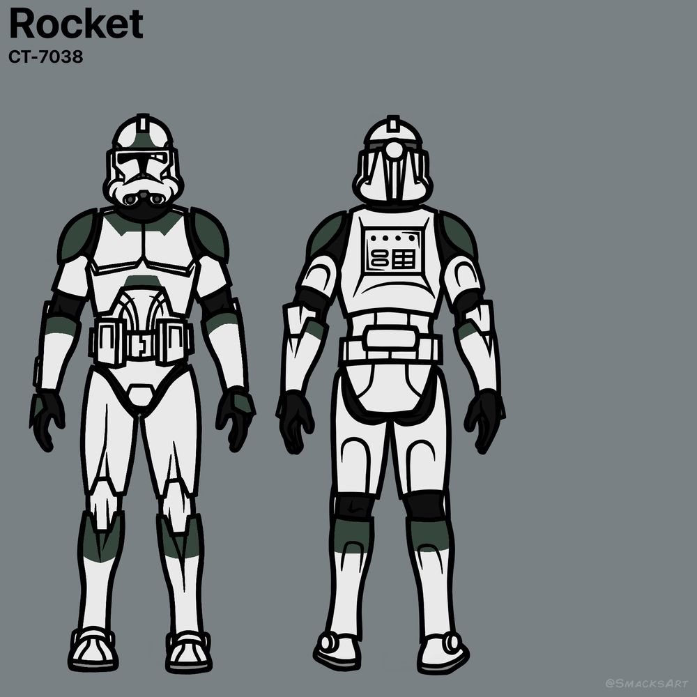 Desenho de um soldado clone, designado CT-7038 e apelidado "Rocket", vestindo armadura clone fase II decorada com as cores verdes características do 41º corpo de elite.