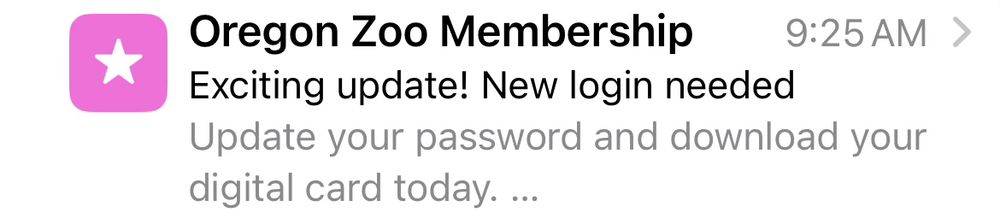 Screenshot of an email from Oregon Zoo Membership with initial lines:
Exciting update! New login needed