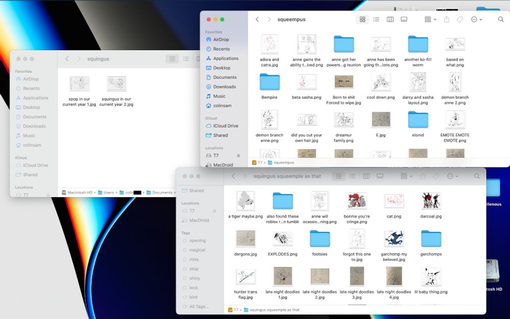 three mac finder windows displaying three folders full of art from squingus