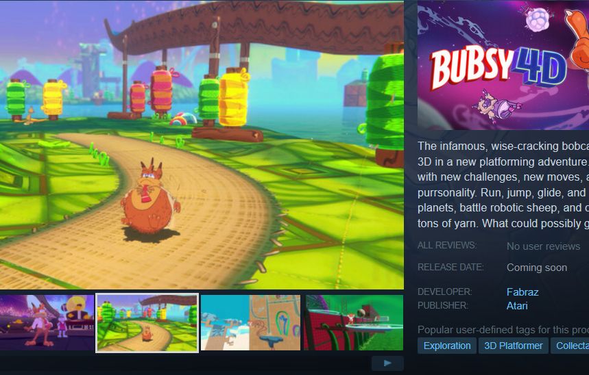 Stream screenshot of the Bubsy 4D steam page. One of the promotional shots is of Bubsy inflated round like a balloon