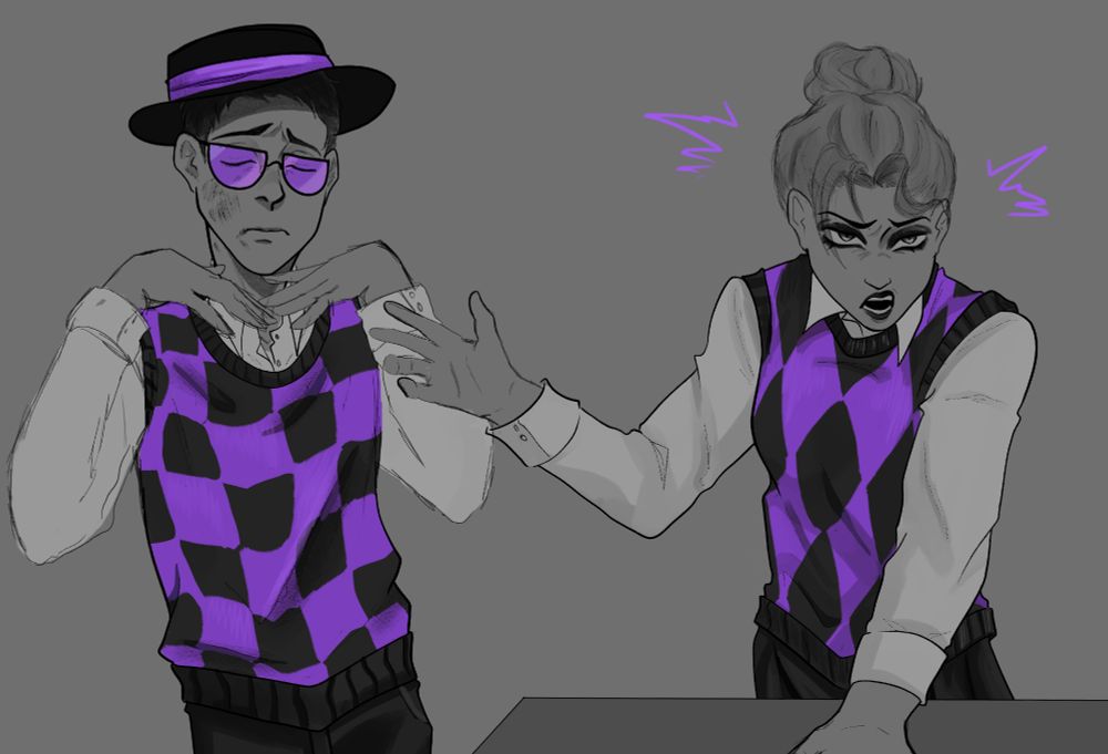 fanart de Thomas e Doric de presas expostas 2, ambos estão meio de frente e a Doric esta com uma mão apoiada numa mesa enquanto aponta pro rosto machucado do Thomas, o Thomas esta parado do lado dela com uma expressão triste e com as mãos perto do rosto pra dar foco nos machucados