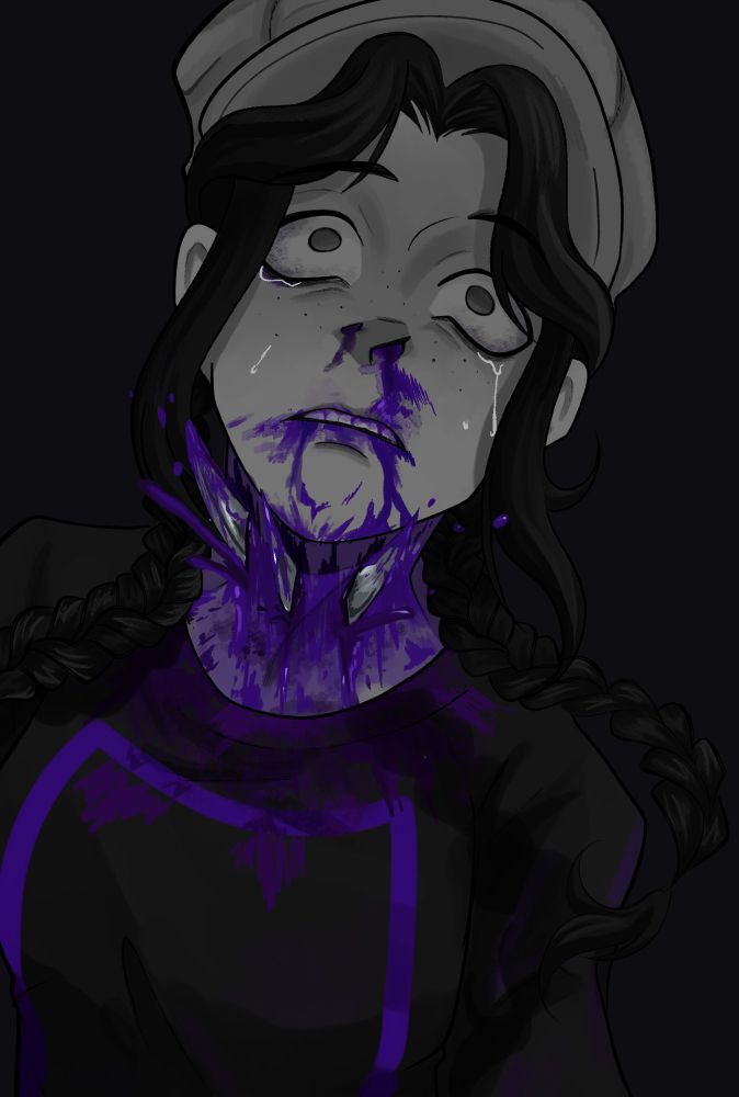 Fanart de Luna de "Presas Expostas 2"
Ela esta sendo levantada por três laminas que estão enfiadas no seu pescoço,  seu pescoço e blusa estão cobertos de sangue e um pouco dele jorra em seu rosto. Ela ta com uma expressão vazia, olhos mortos e tem sangue saindo da sua boca e nariz e lagrimas de seus olhos.
O desenho todo é em escala de cinza exceto pelo sangue e um detalhe da camisa dela, que são em tons de roxo