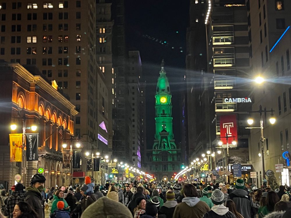 Broad street and city hall lit up green for the birds win 