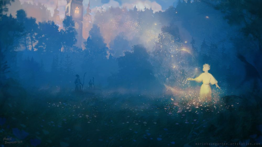 Earthsea fanart from 2023. Ged tries to resurrect the lady Elfarran but accidentally unleashes a shadow.