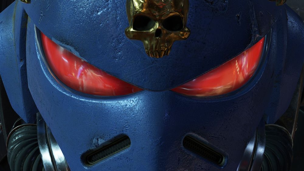 Close-up on a Space Marine's helmet. His lenses reflects the environment around him. 