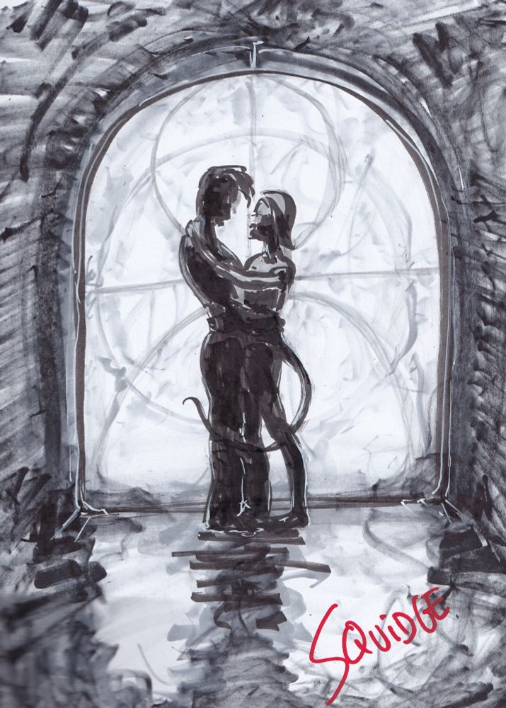 Two figures stand silhouetted before a large window/glass door.
They are in a loving embrace.
One is the Nameless One a human with amnesia, who cannot seen to die, the other is Annah a tiefling who has lost all in her life.
The title of the piece is 'Doomed'
Mostly black and white ink sketch with some greys to fill out shadows and tone.