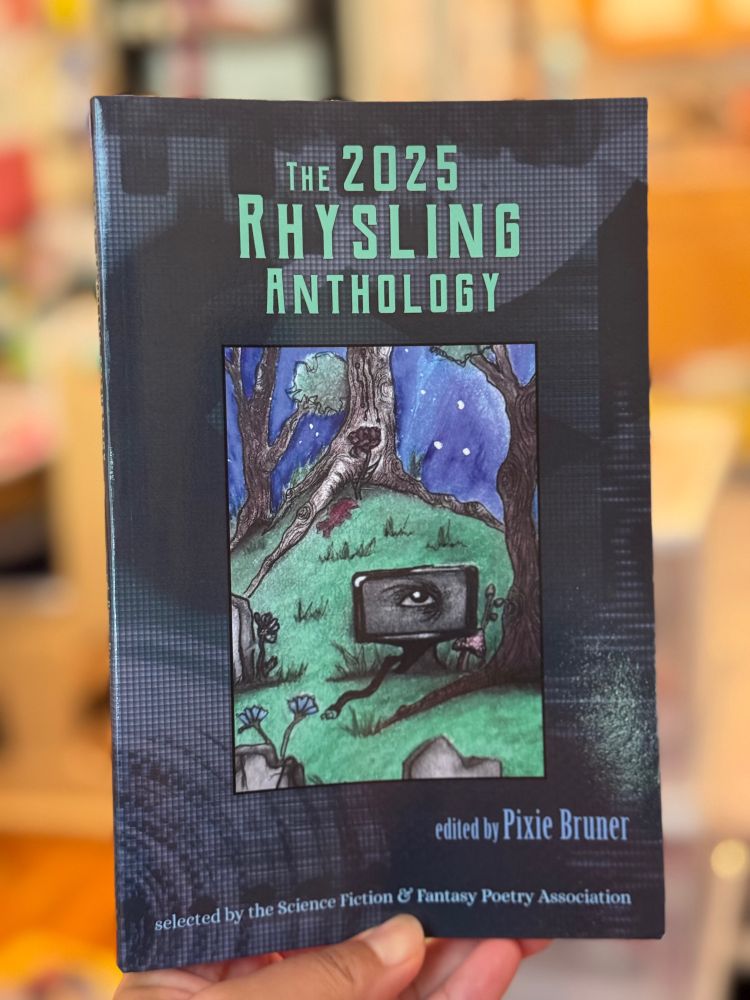 The 2025 Rhysling Anthology cover featuring an unplugged TV with an eye on it (bottom text: selected by the Science Fiction & Fantasy Poetry Association, edited by Pixie Bruner)