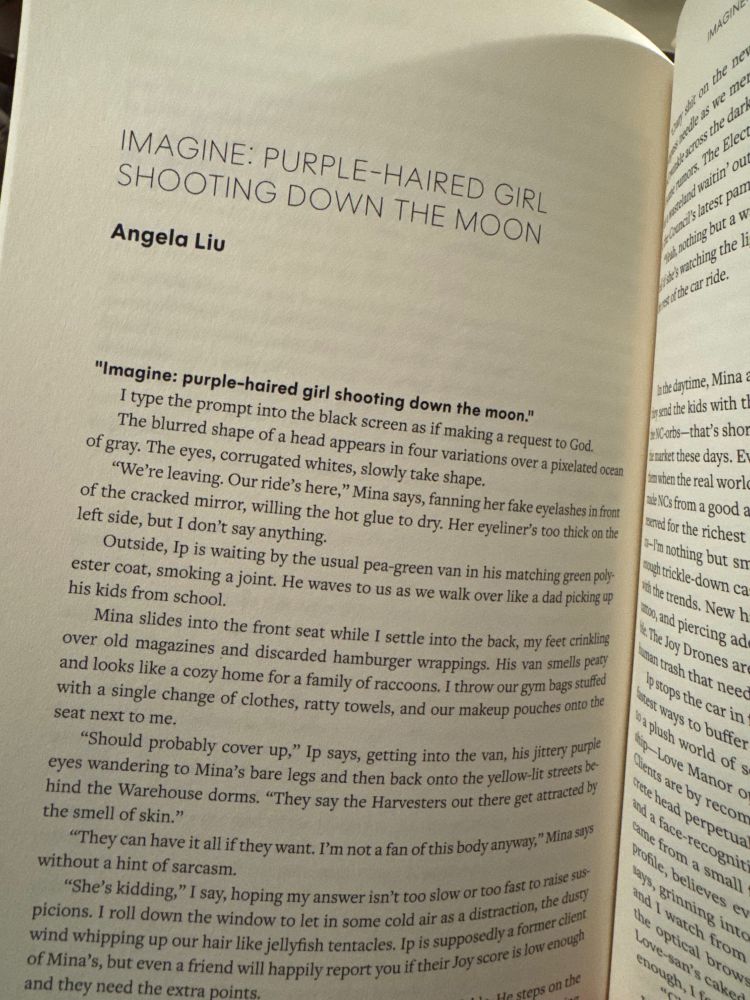 First page of “Imagine: Purple-Haired Girl Shooting Down The Moon,” novelette published in Clarkesworld 
https://clarkesworldmagazine.com/liu_06_23/