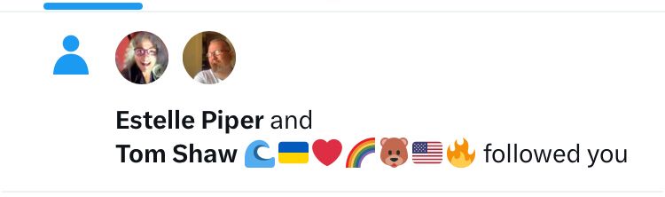 A Twitter notification that Estelle Piper and Tom Shaw have followed me.