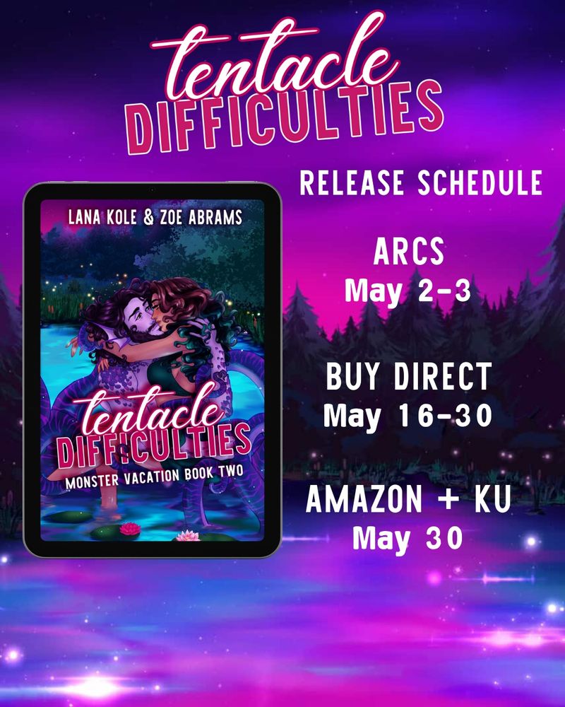 Tentacle Difficulties Release Schedule; 
ARCS May 2-3; Buy Direct May 16-30; Amazon and KU May 30 