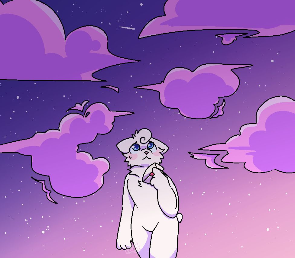 an anthro white cat (my sona, Summer) standing with an envelope in her hand below a starry gradient sky with pink clouds surrounding her.
