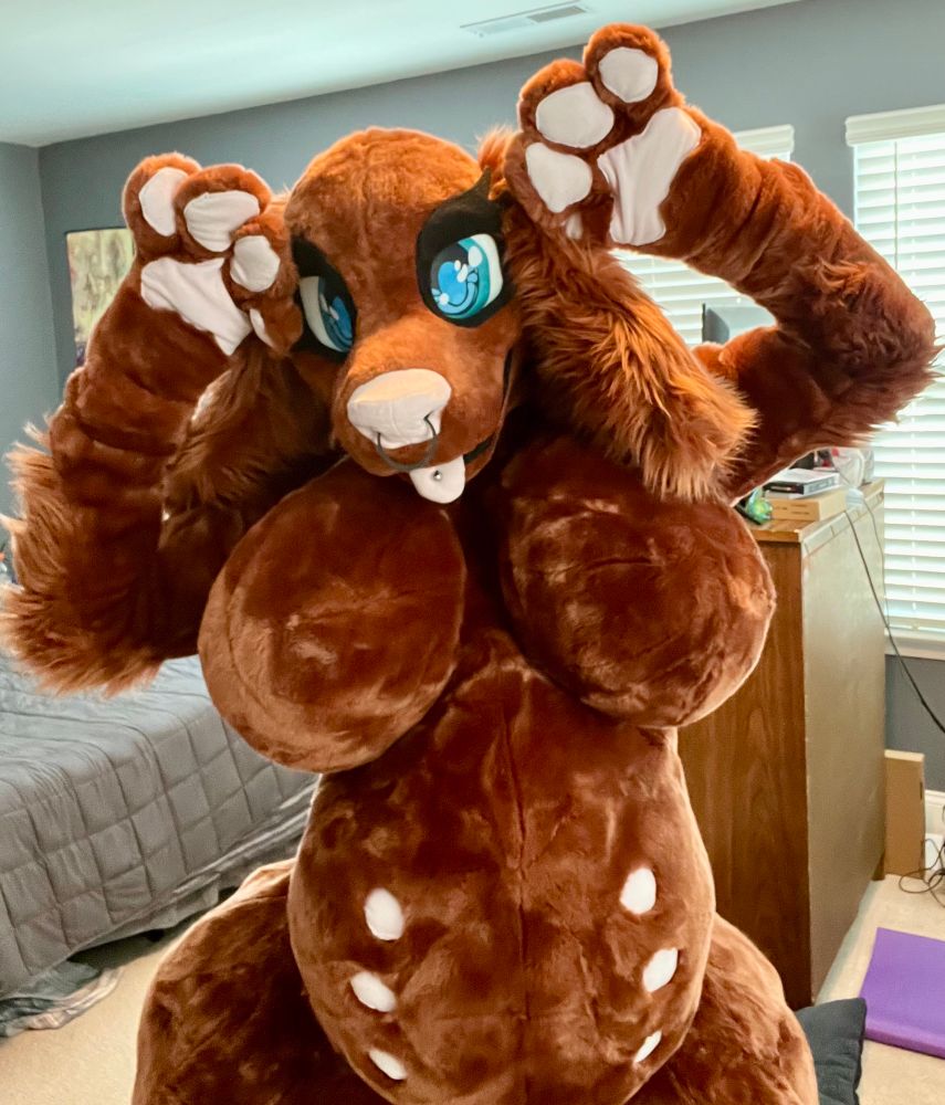 Vivian cocoa brown spaniel dog fursuiter poses center of photo with paws up by top of ears.