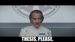 A scene from the Andor TV series shows Major Partagaz, a stern-looking Imperial officer in a white uniform, sitting in a conference room. Below him, bold white text reads: “THESIS, PLEASE.”