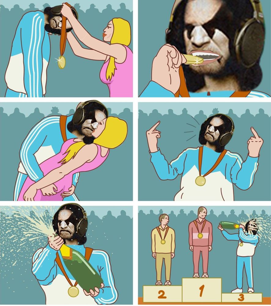 Six-panel meme of a medal ceremony where the third-place athlete celebrates as if he won. He bites the medal, kisses the woman presenting it while grabbing her ass, flips off the crowd, sprays champagne, and then sprays it all in his face. The athlete’s face is photoshopped with the Angry Metal Lisa, implying that AMG is a loser who's celebrating his loss as a win. 