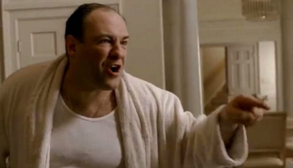 Tony Soprano, yelling and pointing in his bathrobe