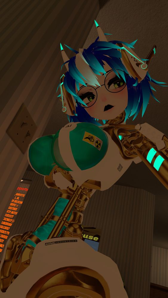 Gold and white robot avatar with blue and white hair and big round glasses stares down at the camera