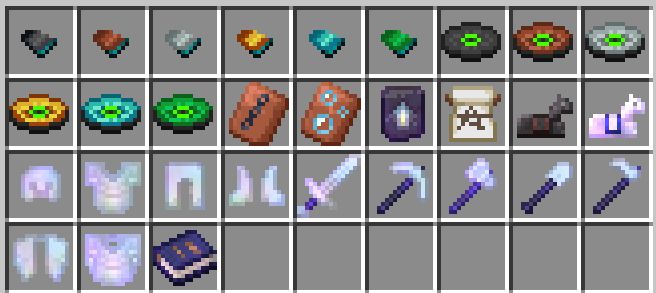 A screenshot from the game "Minecraft" of the "Saved Hotbars" creative inventory tab featuring custom items. the first item is a music disc fragment that is already in the game used to craft Music Disc 5. items 2 through 6 are copper, iron, gold, diamond, and emerald versions of the first. the 7th item is the Cat Music Disc. items 8 through 12 are copper, iron, gold, diamond, and emerald versions of the Cat Music Disc. Item 13 is a copper armor trim template with an iron chain on it. 14 is a copper armor trim template with bubbles on it. 15 is a netherite-colored upgrade template with an arrow in the color of a nether star. 16 is an "Astroritech" banner pattern. 17 is netherite horse armor. 18 is an opalescent horse armor. 19 through 27 are opalescent helmet, chestplate, leggings, boots, sword, pickaxe, axe, shovel, and hoe. 28 is opalescent elytra wings. 29 is opalescent elytra wings on an opalescent chestplate. 30 is a blue book with gold writing on the cover.