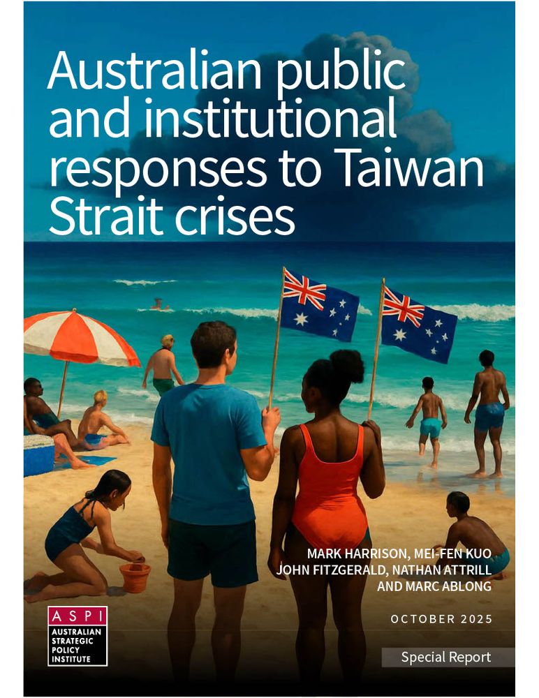 Cover of the ASPI report "Australian public and institutional responses to Taiwan Strait crises" It features people on a beach with two Australian flags