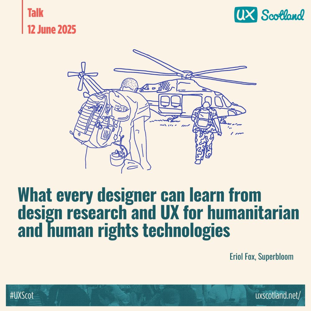 An illustration in purple lines of some individuals heading to a helicopter in the background carrying aid supplies. The title of Eriol's talk in large text reads 'What every designer can learn from design research and UX for humanitarian and human rights technologies'