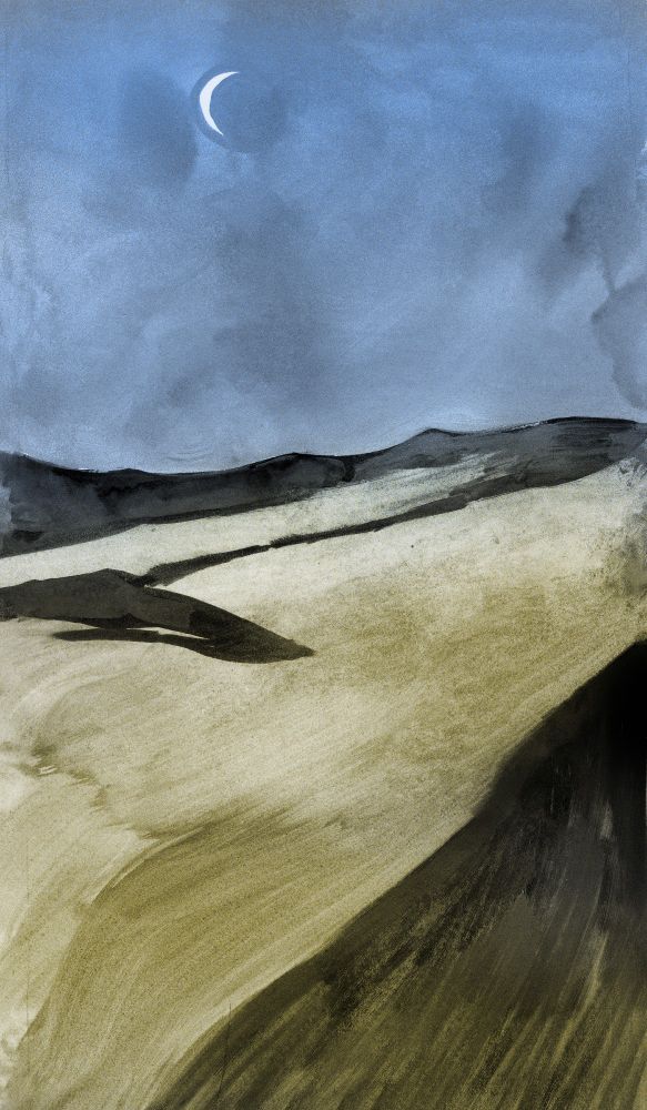 mixed media painting of a desert overlooked by a crescent moon. The scene is defined by the shadowy expanses of the dunes.