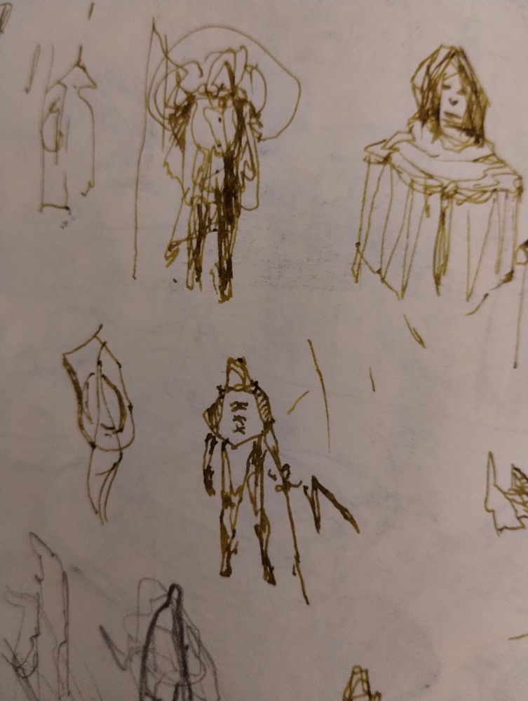 sketchbook page with medieval figures in various clothes