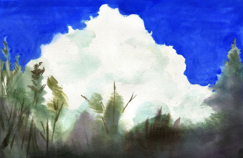 painting of a forest backgrounded by a large puffy cloud against bright blue sky