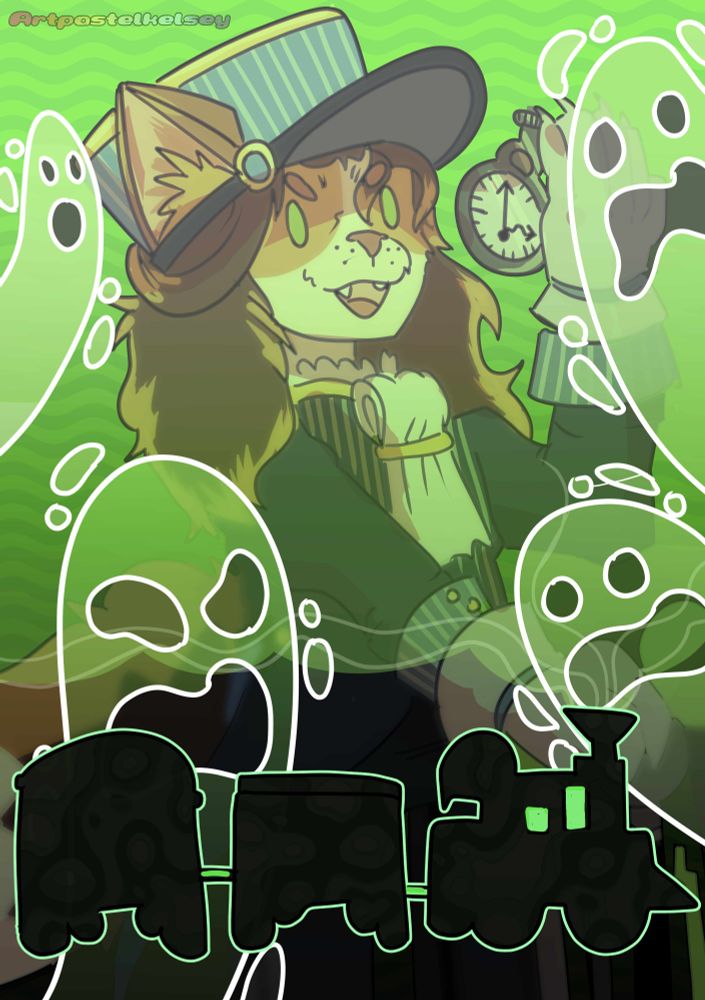 spooky cat train conductor with ghosts