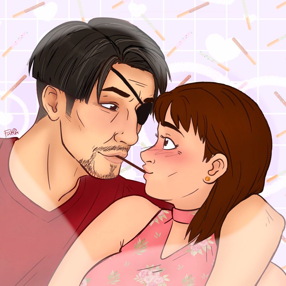 Digital illustration of my Yumeship, Noel and Majima. They’re playing the Pocky game, Noel blushing brightly while Majima looks at her soft and a bit teasingly. Background is a soft blue/purple with hearts and Pocky. There’s a cutout of a white heart border around them.