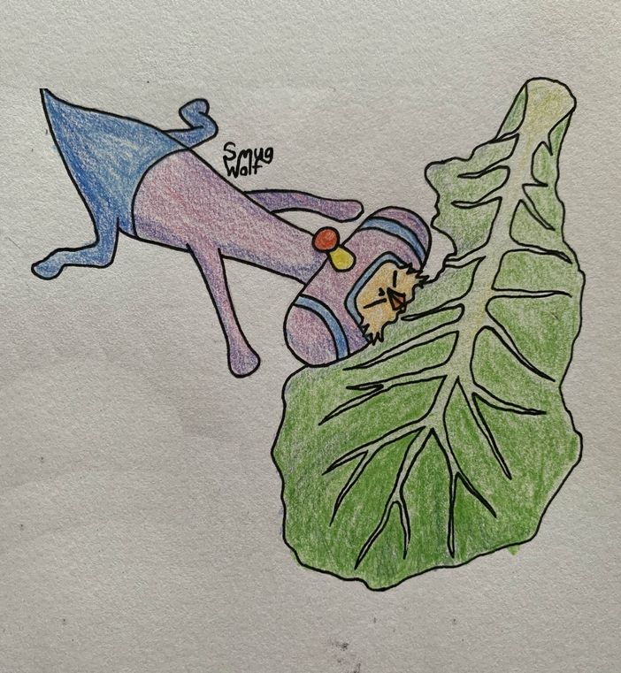 Beyond munching on a single leaf of lettuce the size of his whole body. He is lying on his stomach with his legs and arms splayed like one of those bear pelt rugs, and his eyes are closed with furrowed brows. 