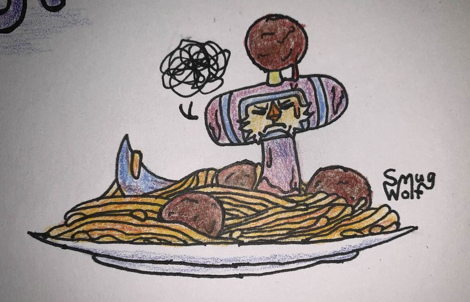 Beyond sitting in a plate of spaghetti and meatballs. Sauce drips off of him, and a meatball is skewered atop his antenna. His expression is one of disgust, brows furrowed with a large frown. He's not a fan of the meat forced upon him.