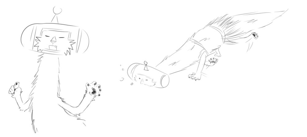 Beyond with no shirt on, showing his long fur, and more importantly his Paw Beans. The fingers on his left hand are splayed, which also exposes the webbing between them, while he points with his right. He has a calm closed-eye expression, as if he were explaining something.

Beyond in his bikini / swimsuit, meant to show him swimming underwater. He is very long, and he keeps his fingers and toes spread to make use of the webbing. He looks vaguely like an otter.