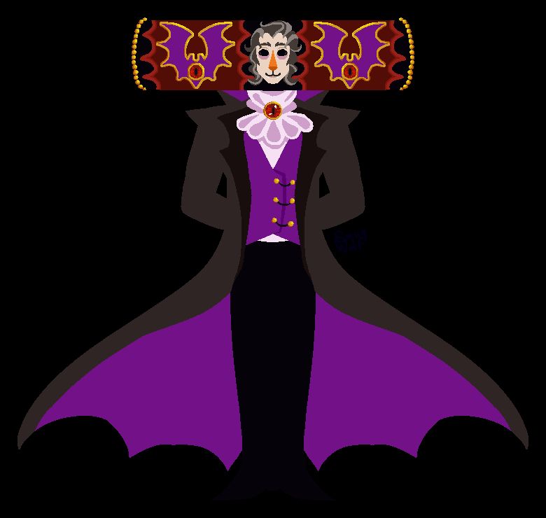 An adult cosmic with his hands held behind his back. His neck is covered by a ruffled jabot decorated with a brooch, which is a shiny, dark crimson eye with a slit pupil and gold border. He wears a purple vest with gold buttons atop a white shirt, and a large dark grey vampiric cloak. The inside of the cloak is a matching purple, and the bottom edge has arcs resembling the membrane of a bat's wings. His pants are black and lead into pointed-toed and moderately-heeled shoes, with no distinction of where the pants end and the shoes begin. He has a long, pale face with large eyes and eyebags. He smiles sweetly, but his fangs poke out over his lower lip. His hair is wavy and grey with lighter grey streaks, and comes down to his chin. The headpiece is predominantly a dark crimson, but has waves of black at the ends and the middle where his face is. There is a lighter red outline where the crimson meets the black. In the large crimson spaces on both sides is his family's crest; a simplified silhouette of a bat with its wings spread and held up in purple, with the same eye as his brooch in the center. The eye and silhouette are also outlined in gold on the headpiece. The edges of the headpiece also have a string of gold pearls around the circumference.