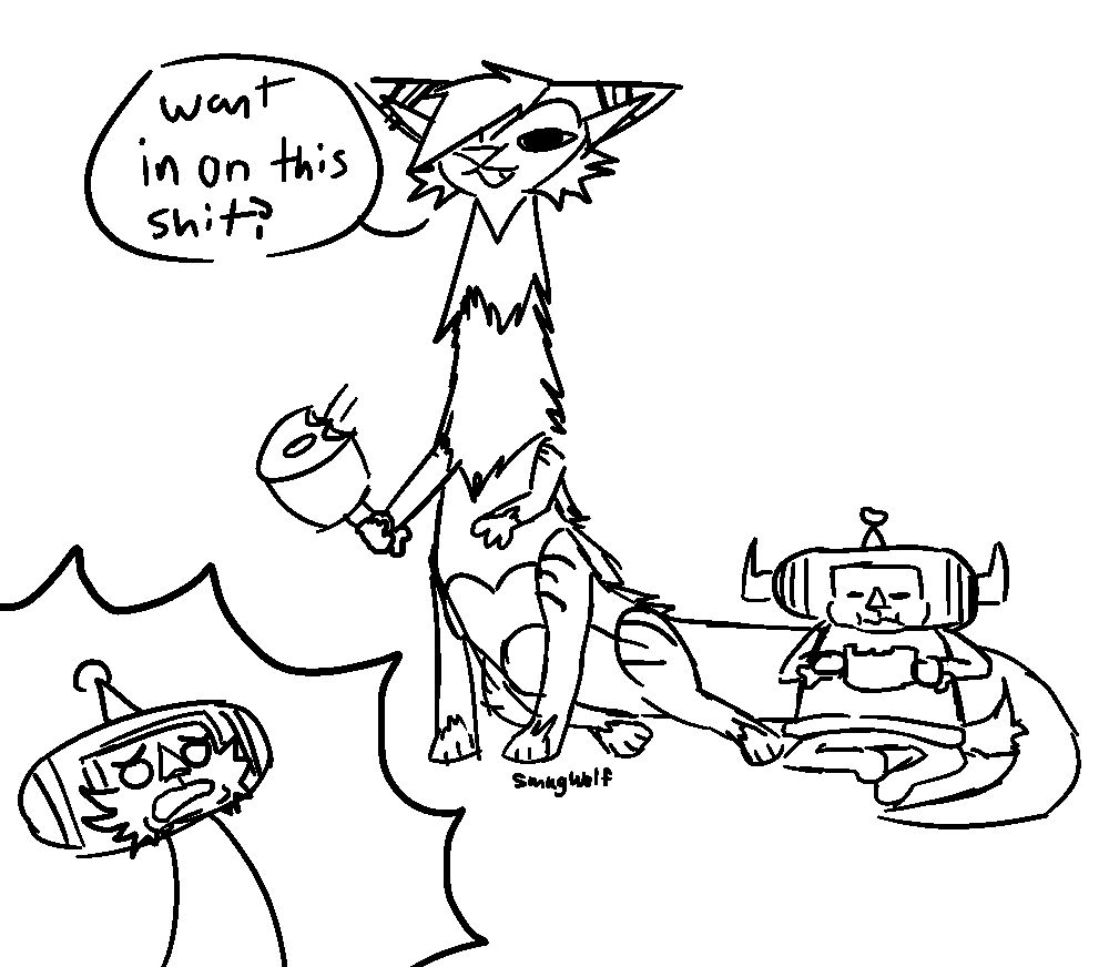 Yon lazily sitting, holding a cartoony meat on the bone. He offers it to Beyond, who is offscreen. Nik is sitting next to Yon, chewing on his own meat on the bone. Yon's tail is curled around him. Yon asks Beyond, "Want in on this shit?" to which beyond reacts in horrified disgust.