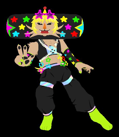Dipp as a teenager with his human proportions and split fingers. His antenna is smaller due to its growth slowing. He has an open-mouthed smile, flashing his fangs, while leaning to the side and throwing a peace sign in front of him toward the viewer. His hair is blond, with short and spiky bangs, and a few locks of hair are longer and frame his face. His cheek fur is longer and the fur on his chin is growing a little longer, kind of making a mini beard. Resting atop his head are pink star-shaped sunglasses, which seem to be mostly for show. His headpiece has 5 stars of different colors on the front, with one big star on each end of his headpiece with a different colored outline. He has arm warmers that match his headpiece and cover only his forearm with chartreuse edges that hook around his middle finger. He wears a matching short crop top and pants, which are black with holographic material accents. The tank top has a wide holographic stripe down the middle, and the pants have holographic stripes on the waistband, the thighs, and the ankles. Long fur on his neck and upper chest spills over the edge of the crop top, and some longer fur on his stomach peeks over the edge of his pants. On top of the crop top is a kandi bead X-styled harness, mostly made of clear white beads, connected in the center by an O-ring. From the lower straps of the X hang chains of plastic stars, with two stars per chain. The stars are of various colors matching his headpiece, and are hung by chartreuse bands or string of some kind. He wears no shoes, just toed socks, which are also chartreuse. His nails are long and painted the same color. His tail is barely visible from behind him, but the color has changed from matching the tan of his main fur color to matching the blond of his hair.
