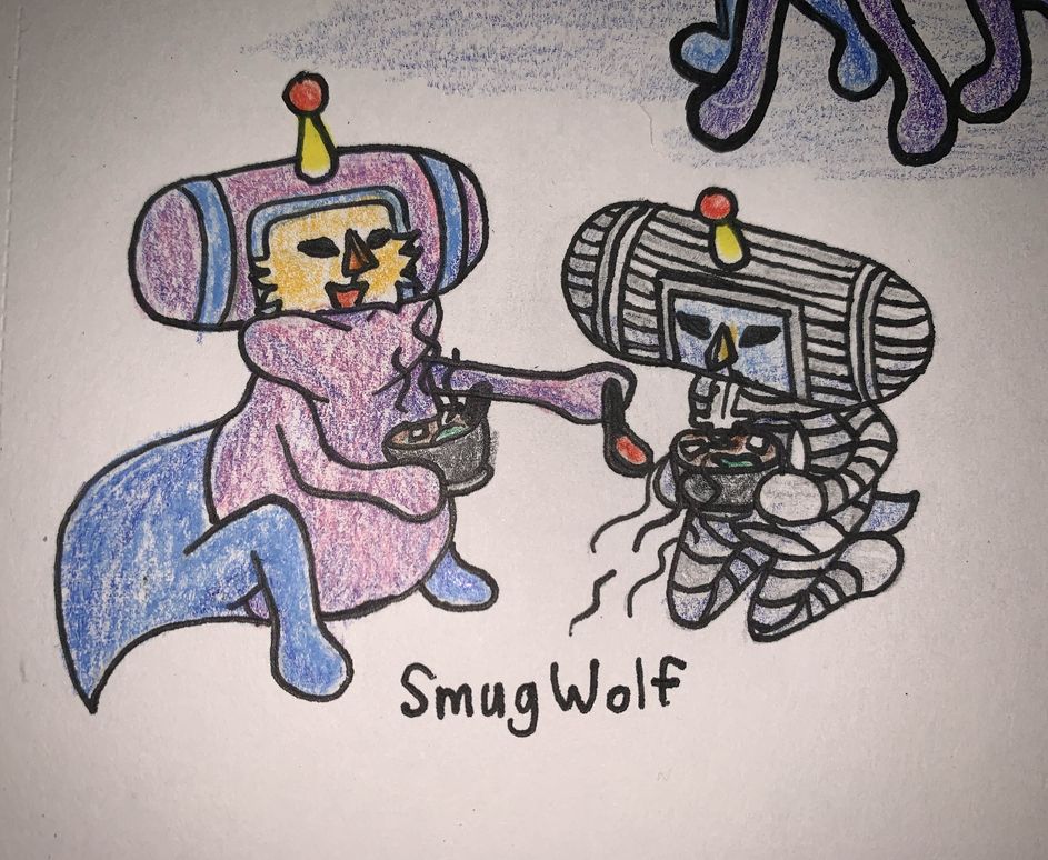 Beyond and Opeo sitting on the ground holding bowls of miso soup. Beyond's neck is squished short and outward like a rabbit's dewlap in order to be eye level with Opeo. Opeo is too shaky to both blow on and hold his soup with one hand, so Beyond holds his spoon for him like a good brother should.