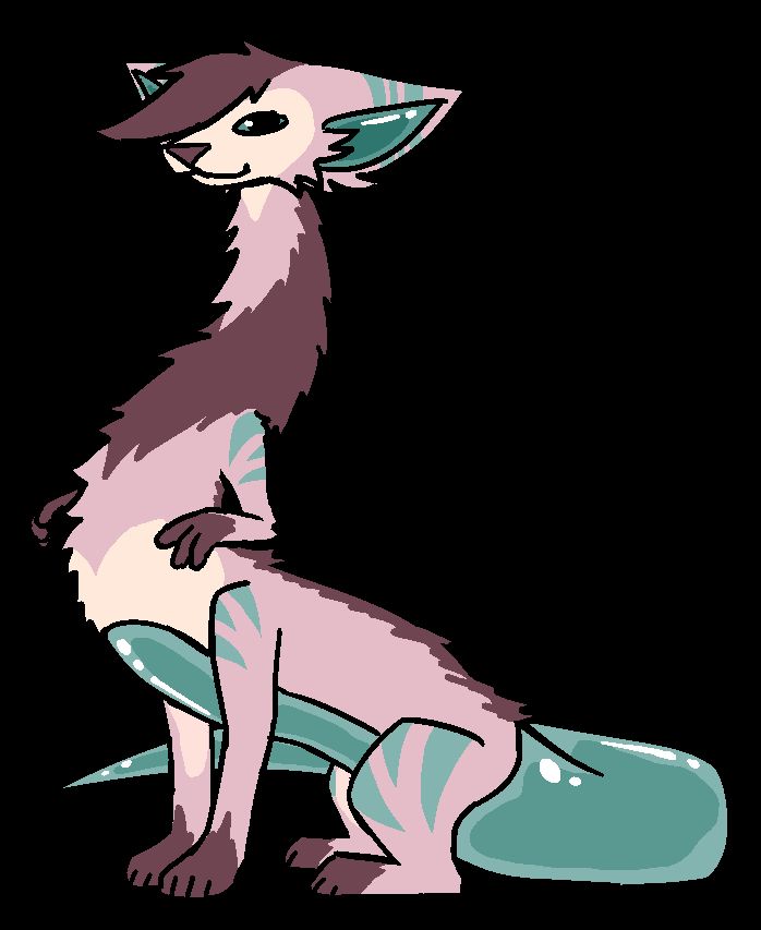 A light-grayish pink slimetum with a taur build. He is sitting down with his very long tapered tail curled behind him, and his upper body leaning back. He has a smile and wide, half-lidded eyes. His upper body is more like a long, fluffy neck, with small and almost useless arms. His head is wide, with very large ears sticking out horizontally rather than upright. His eyes have large pupils that almost take up the entire eye, and one is covered by a long swoop of an emo hair tuft. The hair is a very dark desaturated pink, and it carries down the entire length of his spine until the start of his tail. All four of his paws and both hands are a matching color. His eyes are a slightly desaturated cyan, and the tips of his ears have 3 stripes all the way around, the outer two being thicker than the middle. His upper and lower shoulders as well as the front of his thighs on the hind legs have matching stripe patterns. His tail is made of a smooth, matching-colored slime, which continues slightly up between his legs and curves to a stop at his tummy. The inside of his ears are made of the same slime. Not shown are his paw pads and inner mouth, which also match the slime. A light peachy color makes a heart shape over his face, and another heart shape coming from the edge of the tummy slime up to his lower chest. The upper inner forelegs and hind legs have the same peachy color as an underside marking.