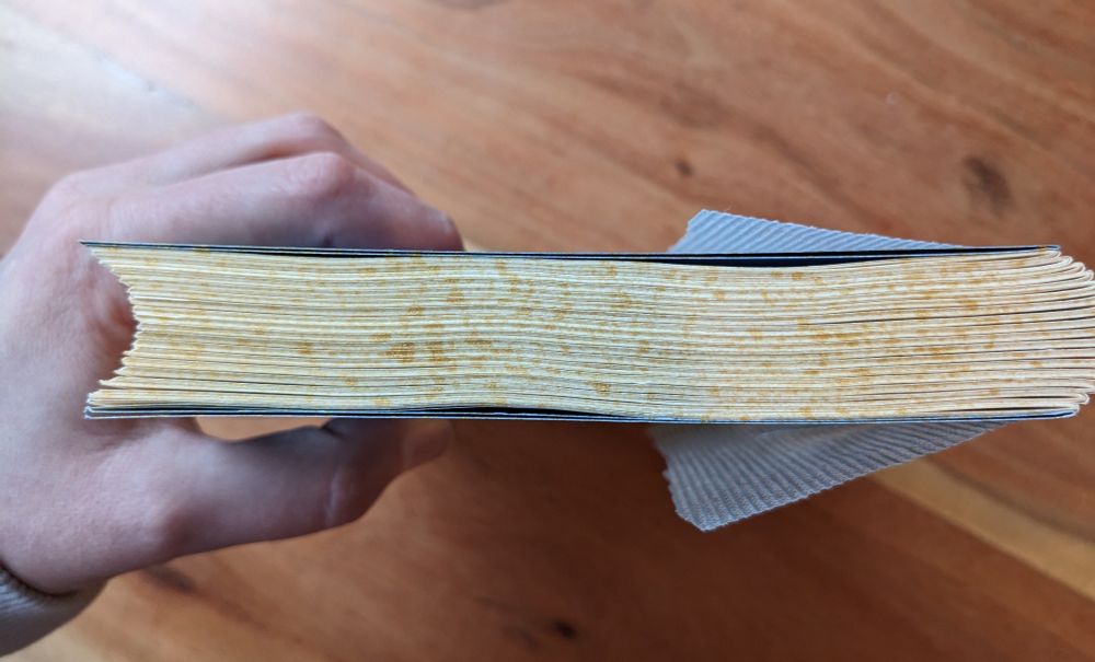 The edge of a book speckled in shiny gold paint