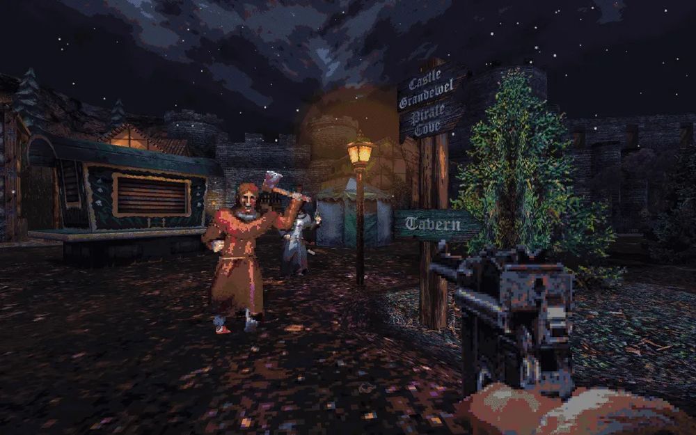 Screenshot from the Cultic 2 Fairground level. Shows pixel graphics of a cultist with an axe running at a man (you) with a pistol. Very moody and by the way, headshots in this game look great. Dev said they wanted them to be noticable from space. Wonder what the Rookie's doing?