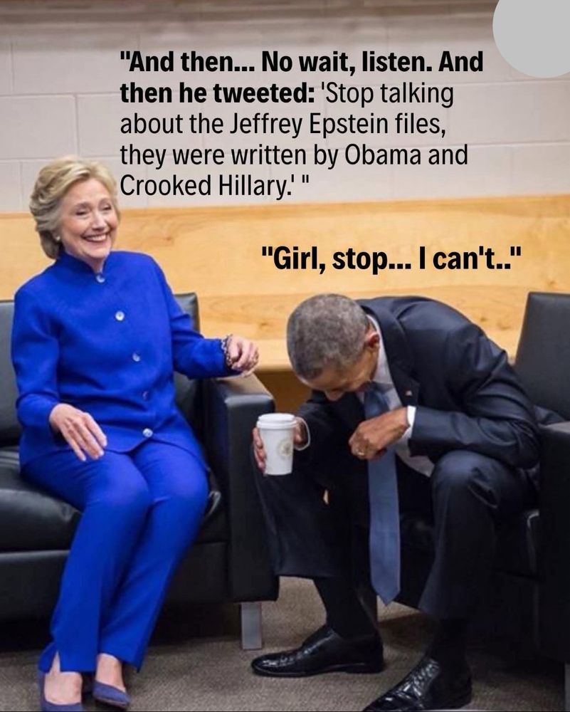 Hillary Clinton: <Laughing> "And then... No wait, listen. And then he tweeted: 'Stop talking about the Jeffrey Epstein files, they were written by Obama and Crooked Hillary!'"
Mr. Barack Obama: <laughing> "Girl, stop... I can't.."