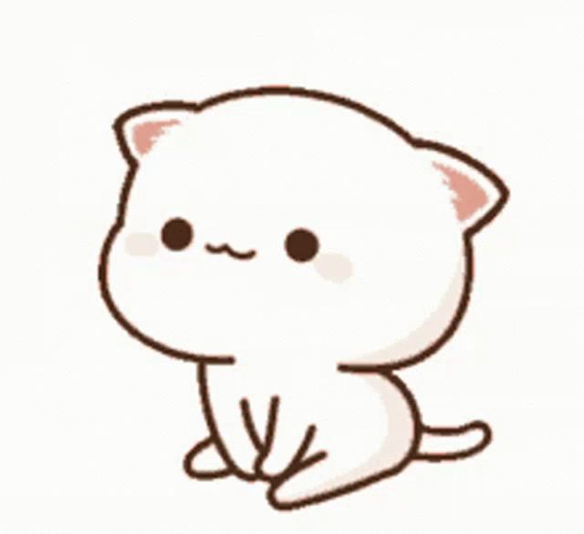 a cartoon drawing of a white cat with a pink ear sitting down on a white background .