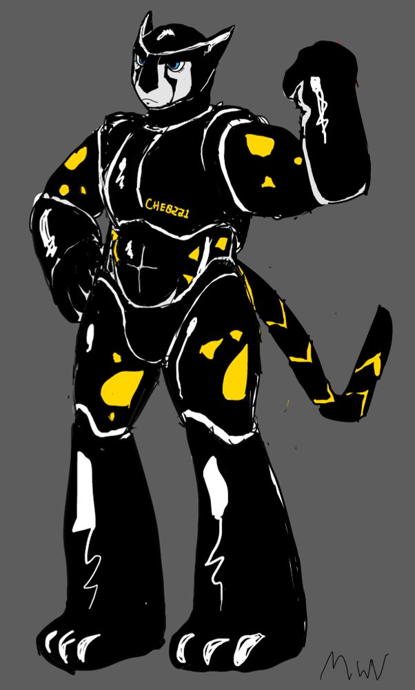 A large anthropomorphic robotic cheetah with a black shell and yellow markings