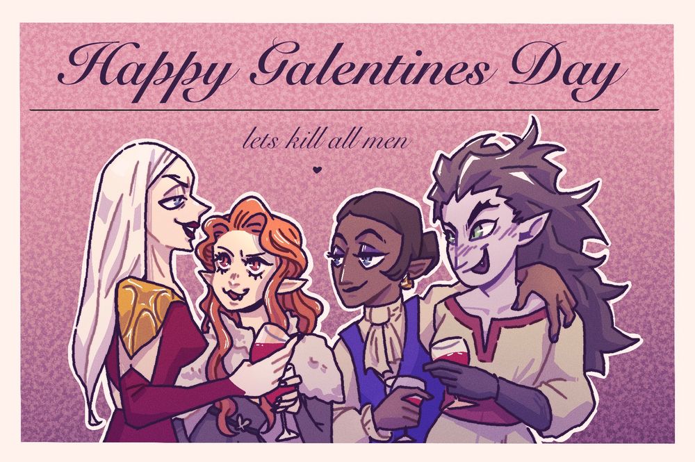 A Happy Galentines Card saying „lets kill all men“ featuring Carmilla, Lenor, Morana and Striga from Castlevania drinking wine. 