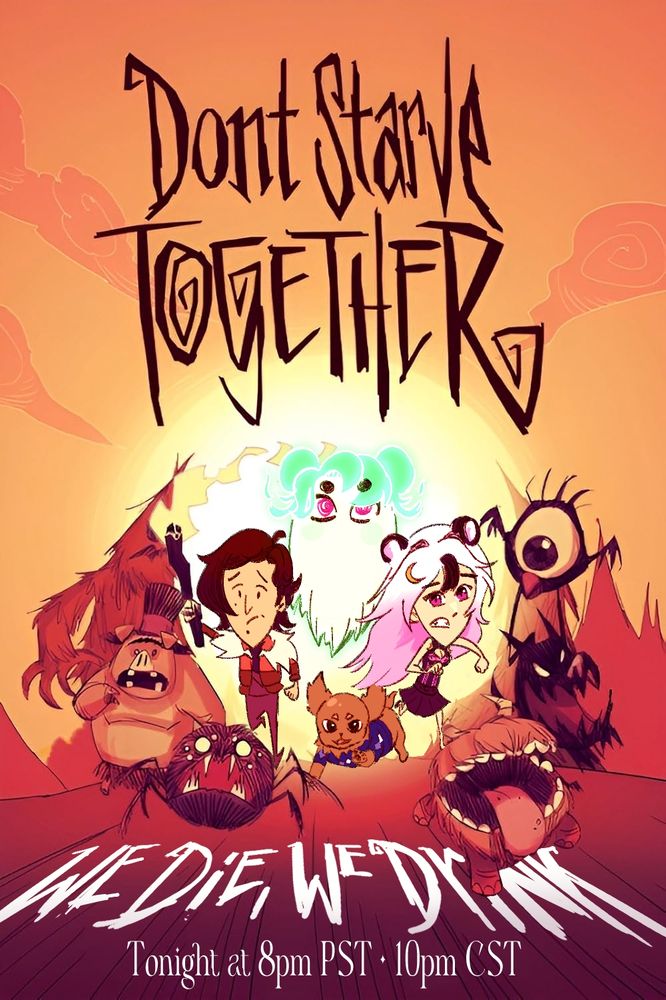 Don't Starve Together Collab stream thumbnail for Panda Amaris, Hibi GB, Huni Hua, and Joshy the Witch. They will be drinking every time they die