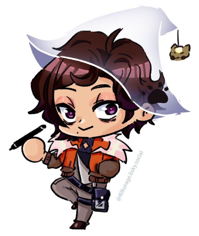 A "Lil Fella" commission by Shio Avictoria, commissioned by me, Joshy the Witch. I am in a leaning posture, one knee up, one hand in jacket pocket, and the other hand holding a graphic tablet pen