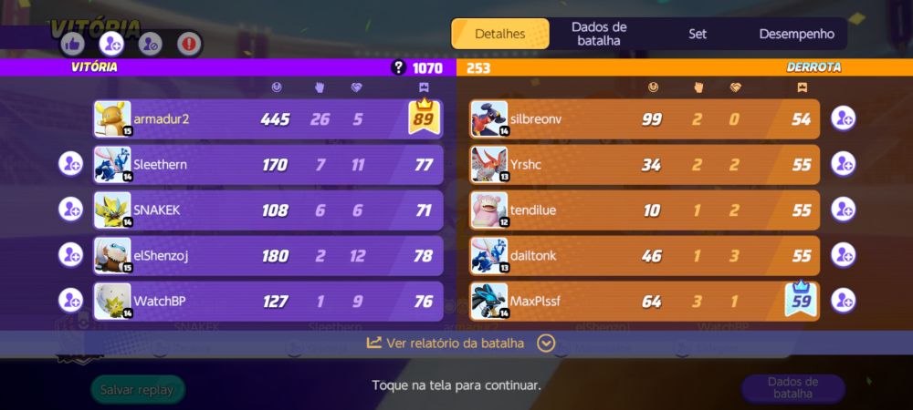 Print do pokémon united em que fiz 445 pontos partida normal